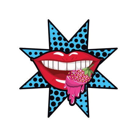female mouth dripping with strawberry fruit vector illustration designのイラスト素材