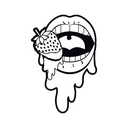 female mouth dripping with strawberry fruit vector illustration designのイラスト素材