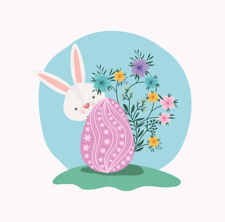 cute rabbit with egg painted and flowers in the garden vector illustration designのイラスト素材