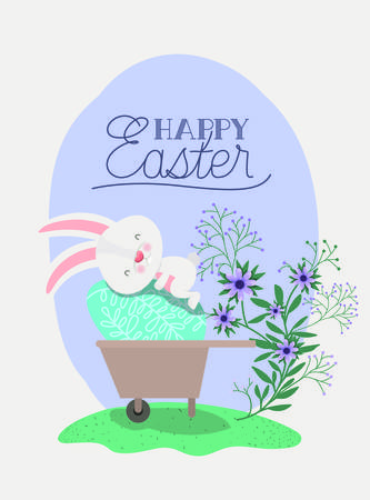 cute rabbit with egg painted and flowers in the garden vector illustration designのイラスト素材