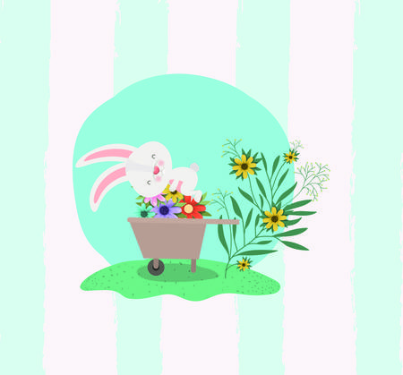 rabbit and wheelbarrow with flowers in the garden vector illustration designのイラスト素材