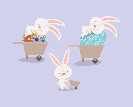 group of cute rabbits with wheelbarrows and flowers vector illustration designのイラスト素材