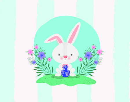 cute rabbit with egg painted and flowers in the garden vector illustration designのイラスト素材