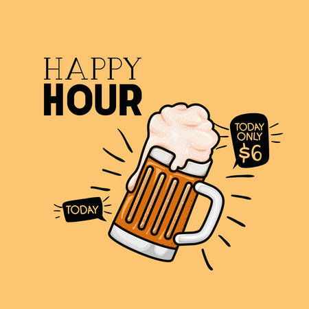 happy hour beers label with jar vector illustration designのイラスト素材