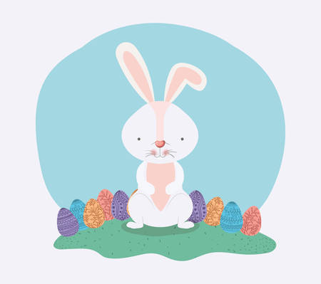 cute rabbit with easter eggs painted in the camp vector illustration designのイラスト素材