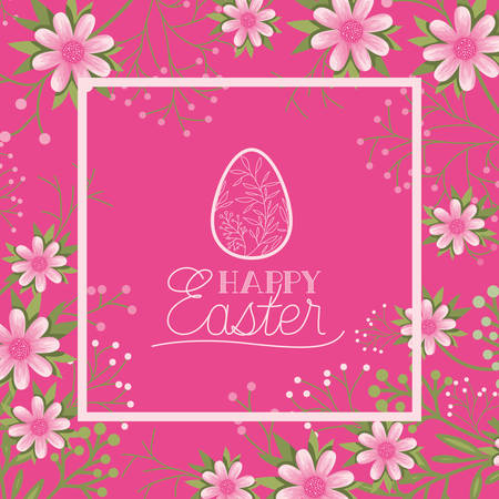 happy easter egg frame with handmade font and flowers vector illustration designのイラスト素材