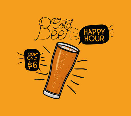 happy hour beers label with glass vector illustration designのイラスト素材