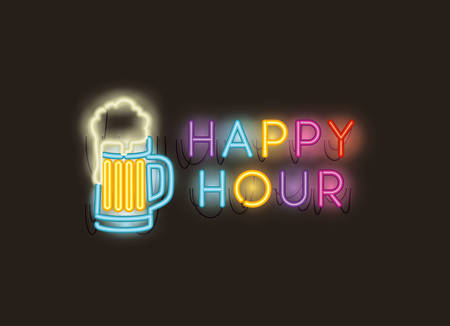 happy hour with beer jar fonts neon lights vector illustration designのイラスト素材