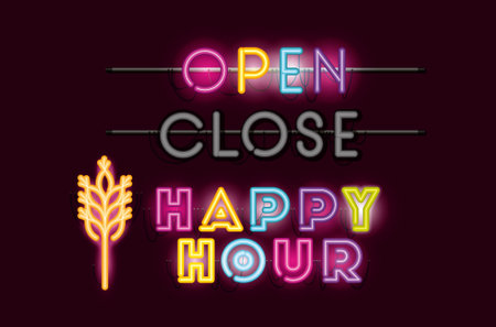 happy hour with spike fonts neon lights vector illustration designのイラスト素材