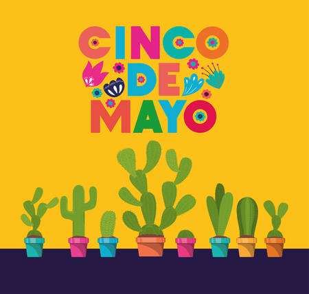 cinco de mayo card with flowers and cactus vector illustration designのイラスト素材