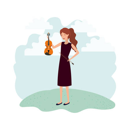 woman with violin in landscape avatar character vector illustration designのイラスト素材