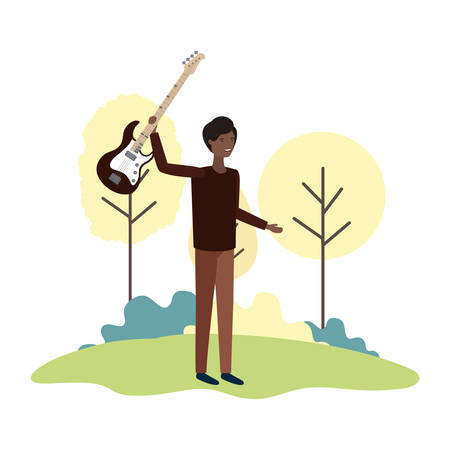 man with electric guitar in landscape character vector illustration designのイラスト素材