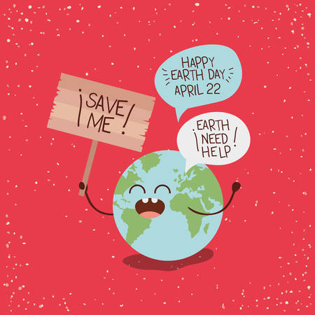 earth character with speech bubbles and wooden label vector illustration designのイラスト素材