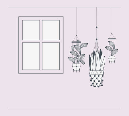 houseplants in macrame hangers with window vector illustration designのイラスト素材