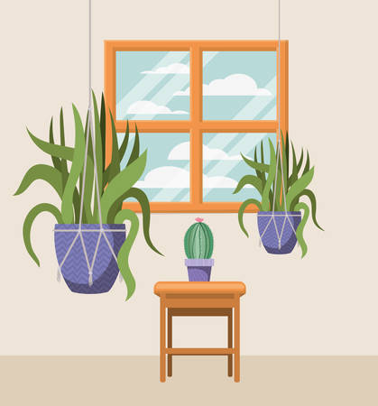 houseplants in macrame hangers with window vector illustration designのイラスト素材
