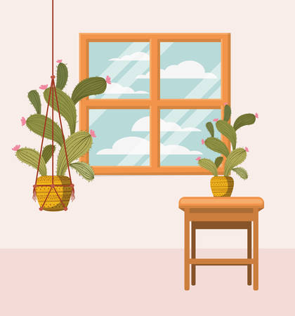 houseplant in macrame hanger with window vector illustration designのイラスト素材