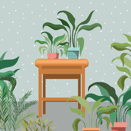 houseplants in wooden chair garden scene vector illustration designのイラスト素材