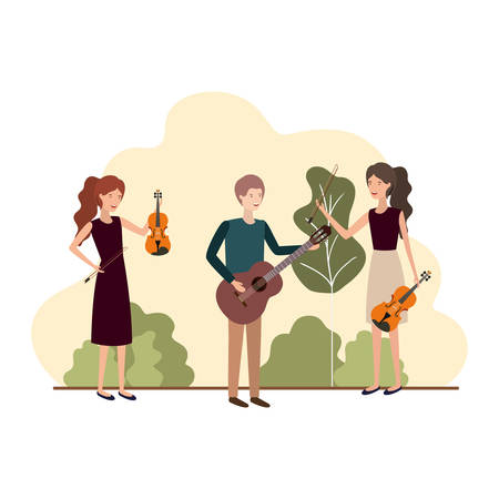 group of people with musical instruments in landscape vector illustration designのイラスト素材