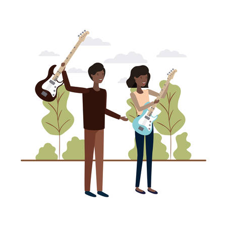 couple with musical instruments in landscape vector illustration designのイラスト素材