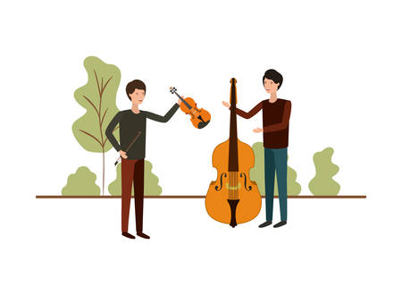 men with musical instruments in landscape vector illustration designのイラスト素材