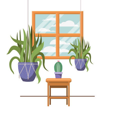 houseplants on macrame hangers and table vector illustration designのイラスト素材