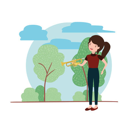 woman with trumpet in landscape avatar character vector illustration designのイラスト素材