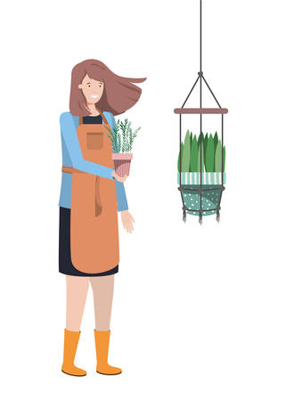woman with houseplant on macrame hangers vector illustration designのイラスト素材