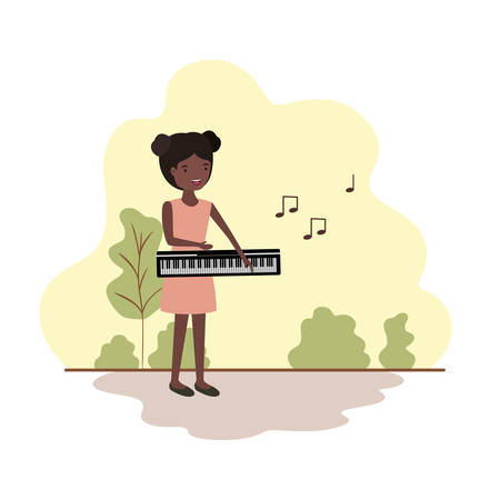 woman with piano keyboard in landscape avatar character vector illustration designのイラスト素材