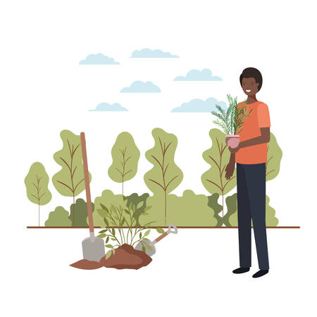 man with tree to plant in landscape vector illustration designのイラスト素材