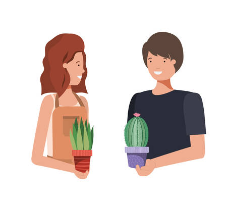 young couple with houseplant avatar character vector illustration designのイラスト素材