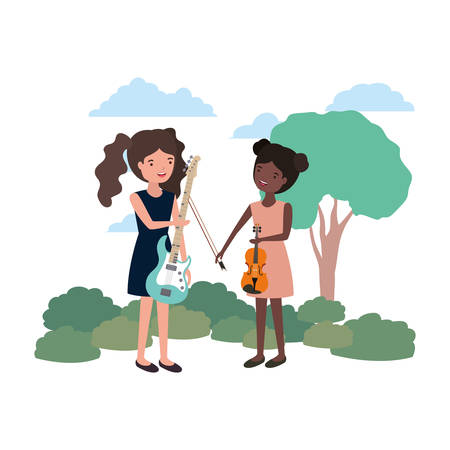 women with musical instruments in landscape vector illustration designのイラスト素材