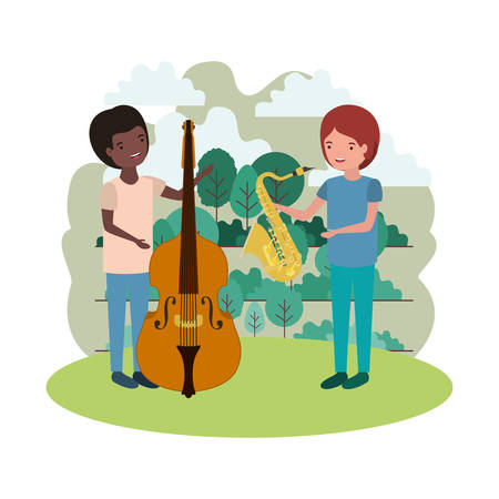 men with musical instruments in landscape vector illustration designのイラスト素材