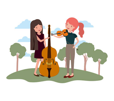 women with musical instruments in landscape vector illustration designのイラスト素材