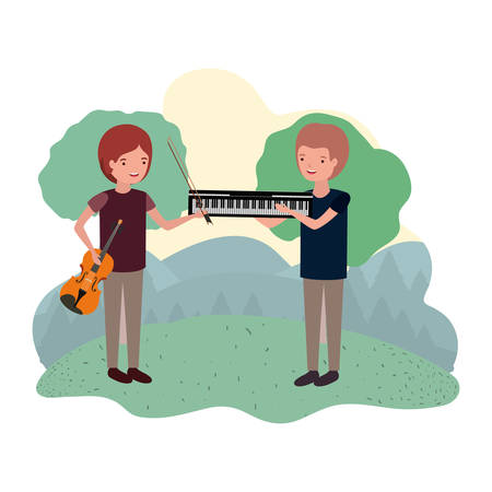 men with musical instruments in landscape vector illustration designのイラスト素材