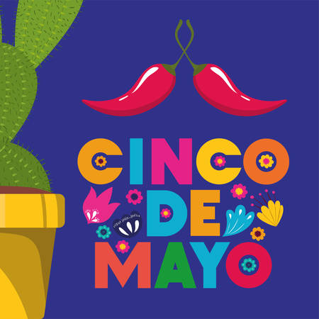 cinco de mayo card with cactus and chili pepper vector illustration designのイラスト素材