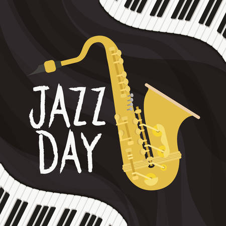 jazz day poster with piano keyboard and saxophone vector illustration designのイラスト素材