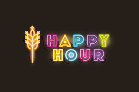 happy hour with spike fonts neon lights vector illustration designのイラスト素材