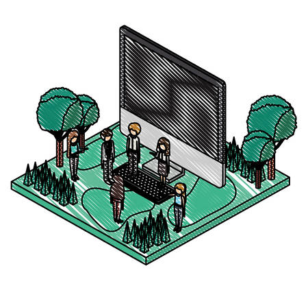 desktop with camp scene and people isometric vector illustration designのイラスト素材