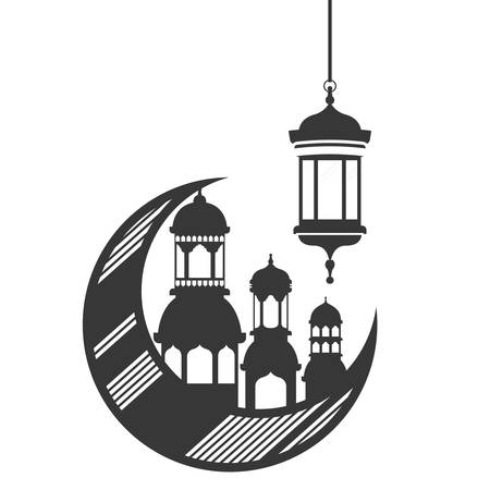 moon hanging with ramadan kareem mosque buildings vector illustration designのイラスト素材