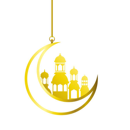 moon hanging with ramadan kareem mosque buildings vector illustration designのイラスト素材