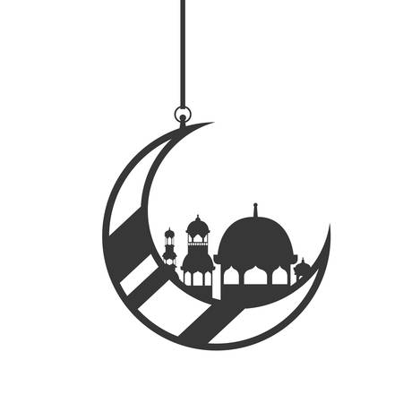 moon hanging with ramadan kareem mosque buildings vector illustration designのイラスト素材