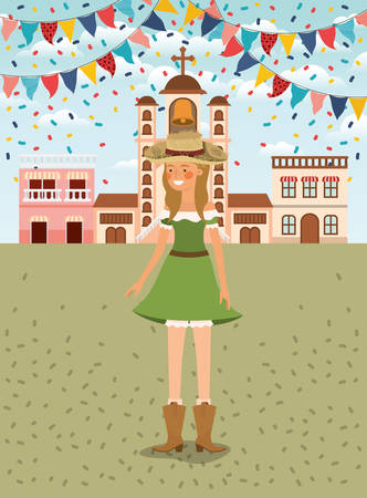 female farmer celebrating with garlands and cityscape vector illustration designのイラスト素材