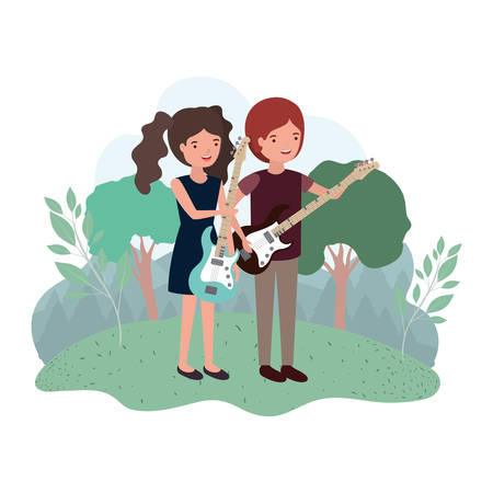 couple with musical instruments in landscape vector illustration designのイラスト素材