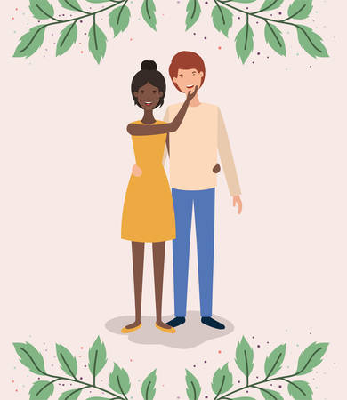 interracial lovers couple with leafs crown characters vector illustration designのイラスト素材