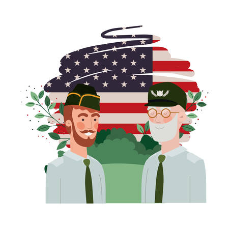 men soldiers of war with landscape and united states flag vector illustration designのイラスト素材