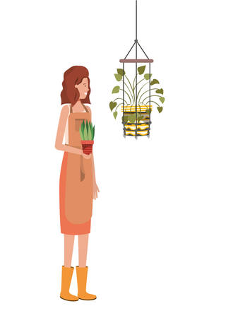 woman with houseplant on macrame hangers vector illustration designのイラスト素材