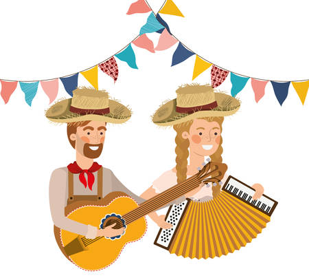 farmers couple with musical instruments vector illustration designのイラスト素材