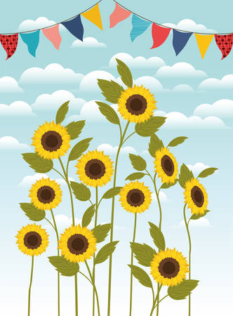 beautiful sunflowers garden and garlands scene vector illustration designのイラスト素材