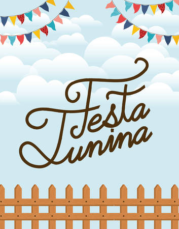 festa junina with fence and garlands vector illustration designのイラスト素材