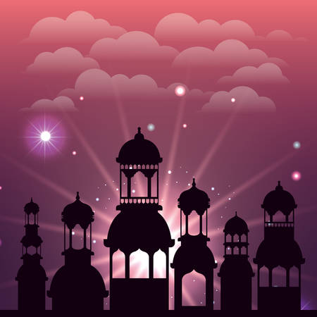 ramadan kareem cityscape silhouette scene vector illustration designのイラスト素材